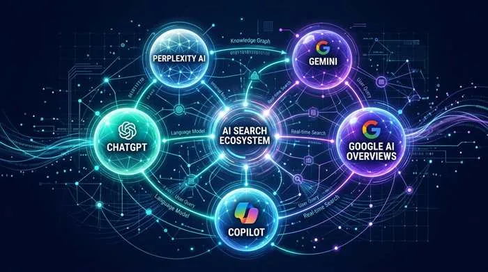 AI search platforms including ChatGPT, Perplexity, Google AI Overviews, Gemini and Copilot visualization