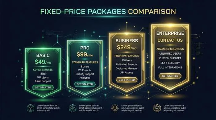 GEO packages fixed-price tiers visualization from 79 GBP to 370 GBP for AI search services