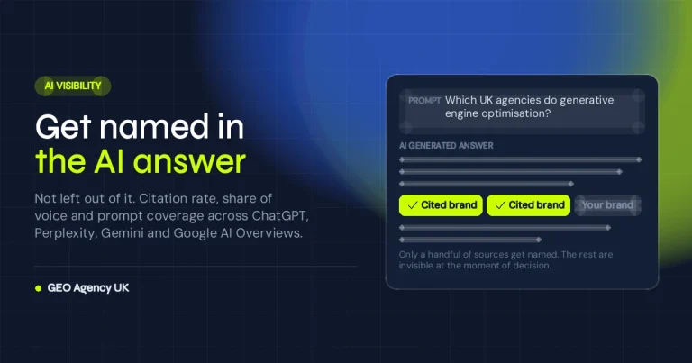 AI visibility solutions diagram showing a brand cited inside an AI generated answer alongside competitors